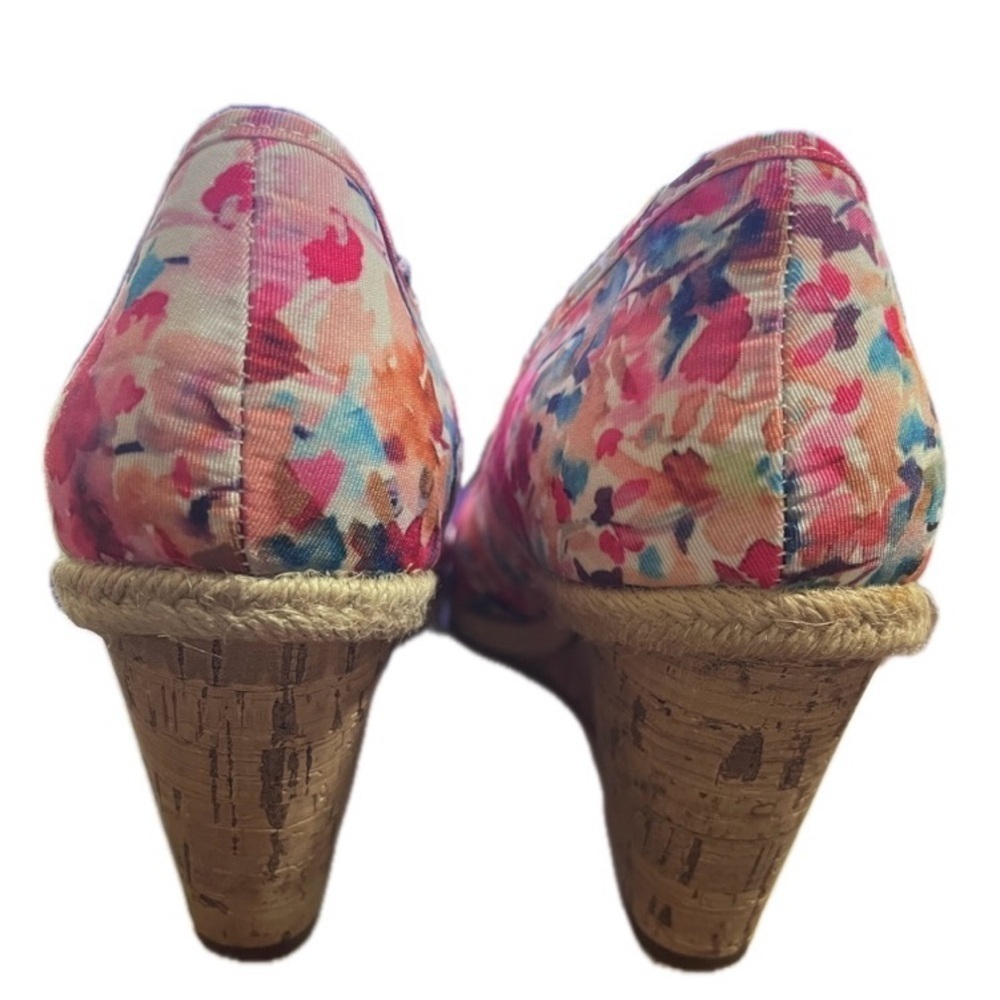 Life Stride Pink White Blue Floral Watercolor Cork Wedge Slip On High Heels 10M - Picture 8 of 13